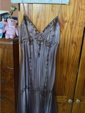Macy's Brown Beaded Satin Spaghetti Strap Evening Dress
